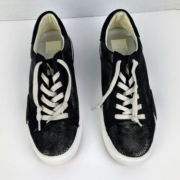 Dolce Vita Zina Sneakers Gunmetal Glitter Leather Tennis Shoes Lace Up Glam 6.5 - Picture 5 of 10